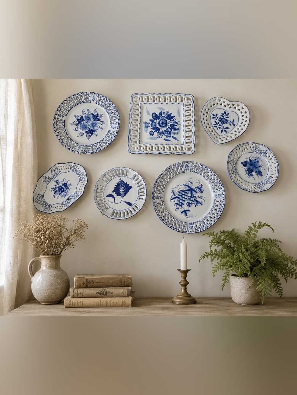 Vintage | Reticulated Blue and White Floral Wall Plates | EUC